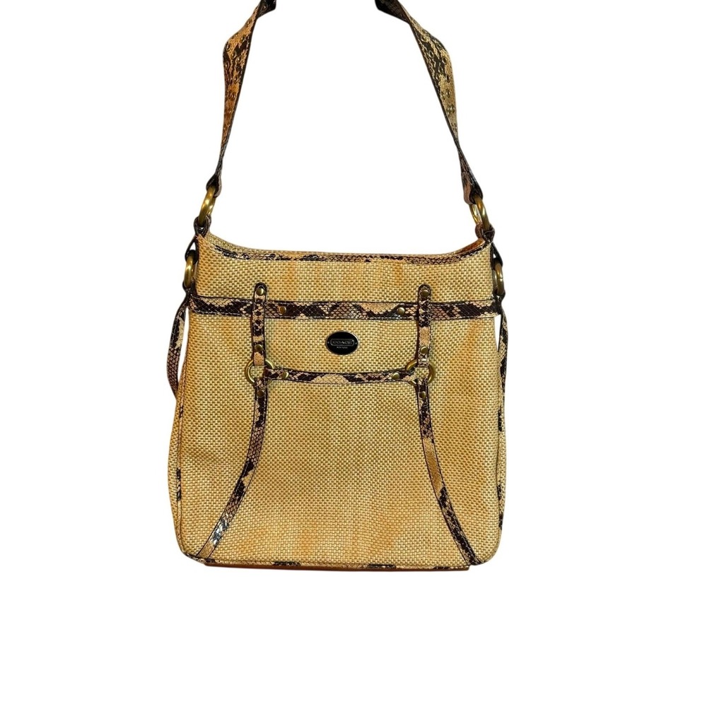 Coach Hobo Bag Tan Woven Straw Snakeskin Python Trim Zebra Print Lining Brass